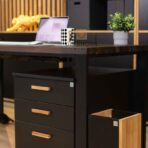 black desk with black drawers
