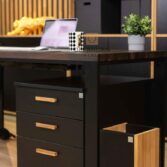 black desk with black drawers