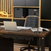 wooden office desk on metal legs
