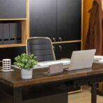 modern office desk with wooden top
