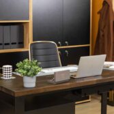 modern office desk with wooden top