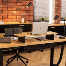 Desk with extension, close-up of desk top