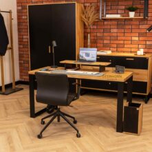 A table with a beautiful work surface, a view from afar