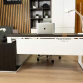 corner desk with white panel in front