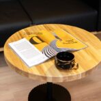 black table with oak top