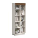 Open bookcase with wooden shelves for binders