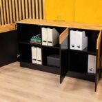 wide chest of drawers with black front