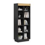 Modern black bookcase with wooden elements for books and decorations
