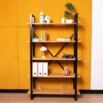 open shelves of a loft-style bookcase