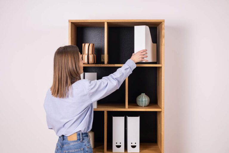 modern oak bookcase on a metal structure