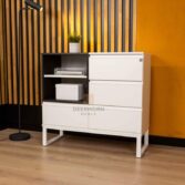 dresser with open and closed spaces