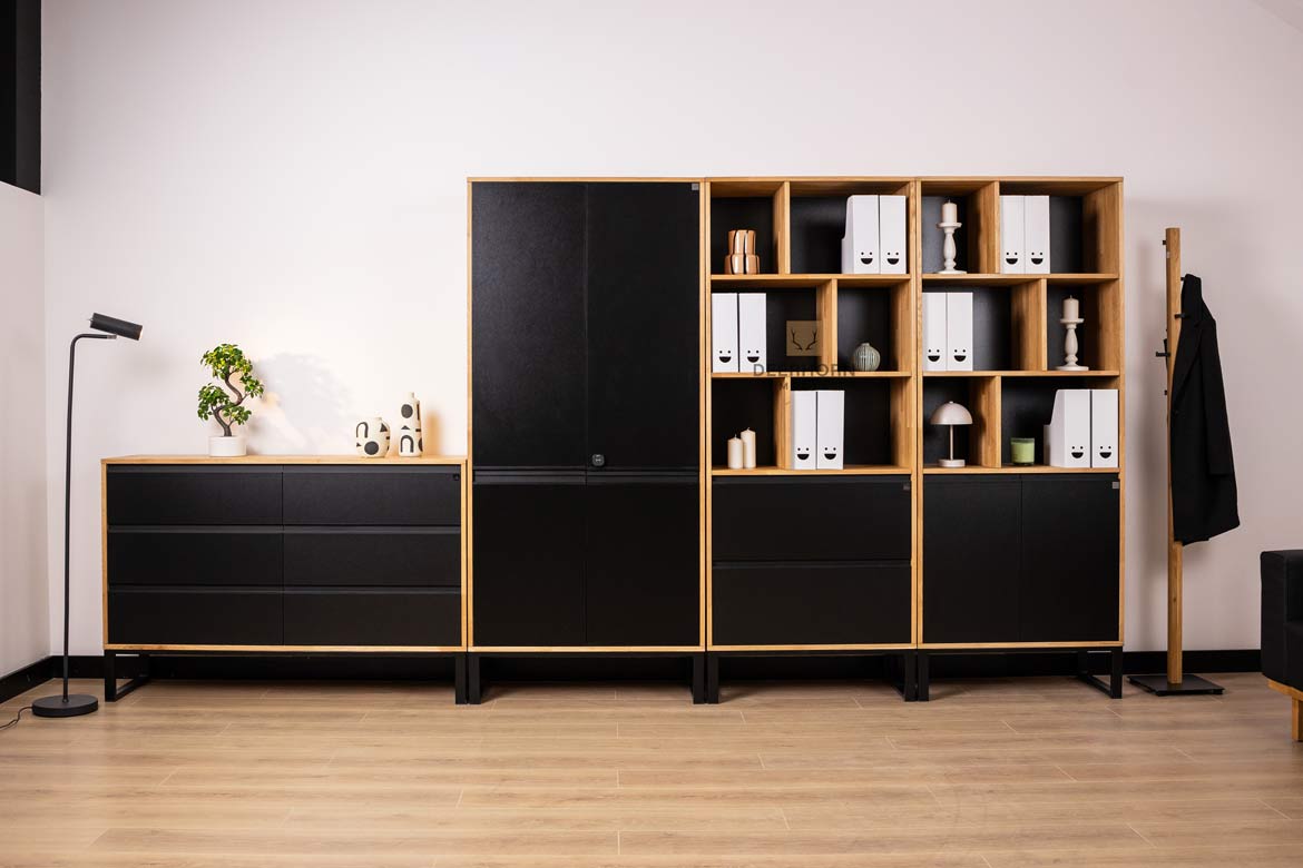 set of wooden and black furniture