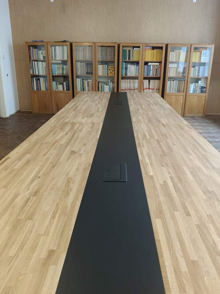 Oak workbench with black stripe