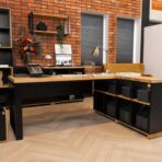 matte black desk with wooden accents