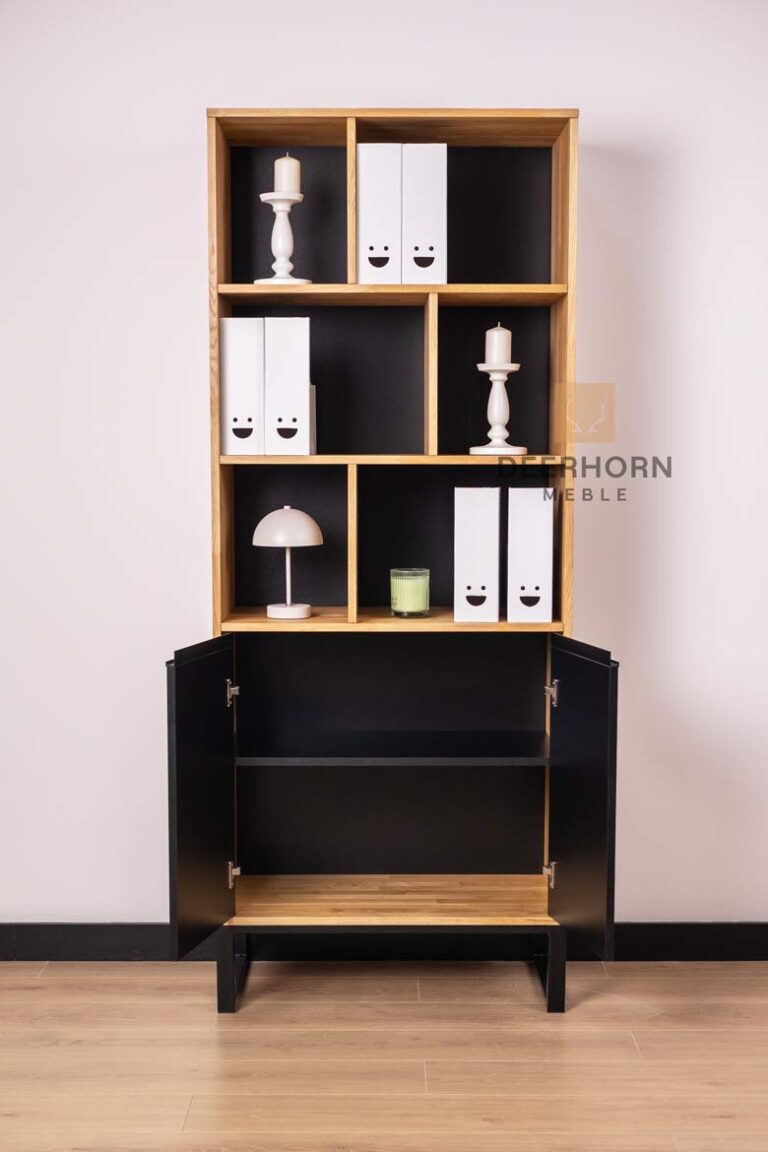 tall bookcase with shelves for books and decorations