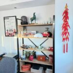 wooden bookcase, open