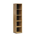 Wooden narrow open bookcase with shelves