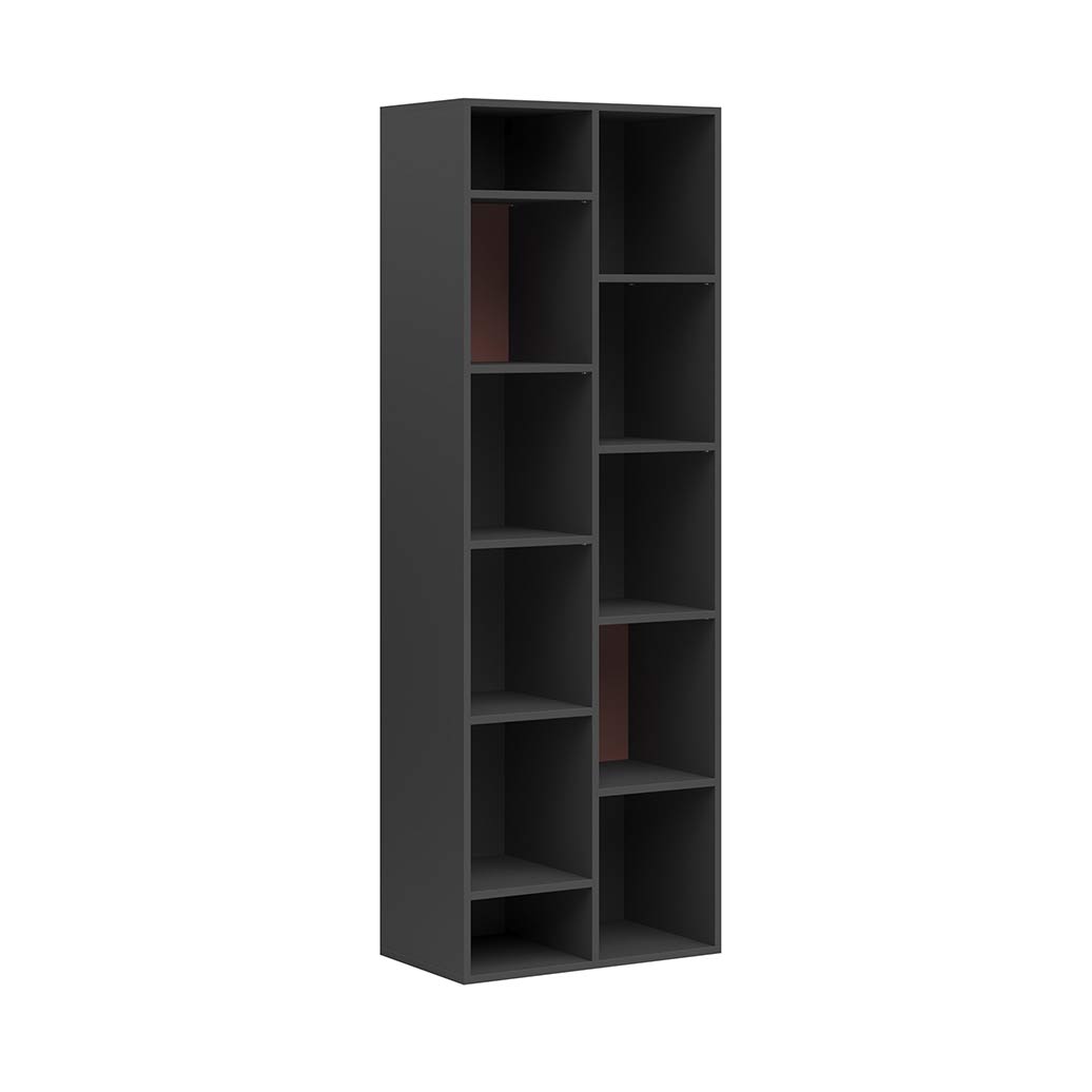 tall bookcase with asymmetrical-shelves