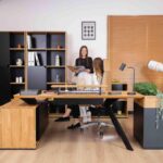 wooden desk with metal legs
