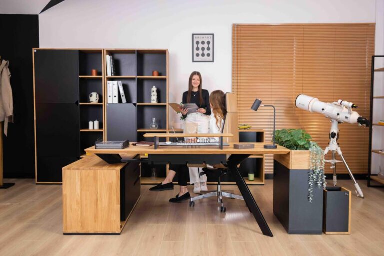 wooden desk with metal legs