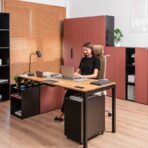 corporate desk with pedestal in powder pink