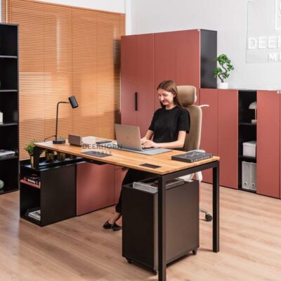 corporate desk with pedestal in powder pink