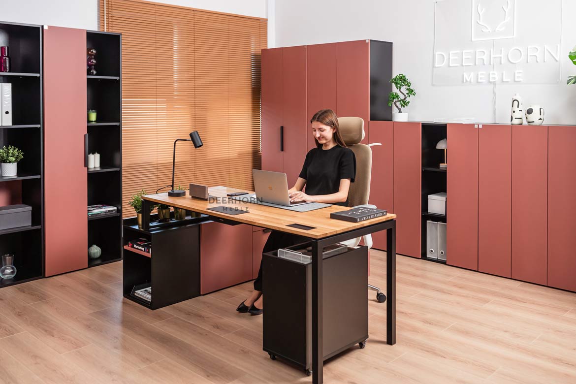 corporate desk with pedestal in powder pink