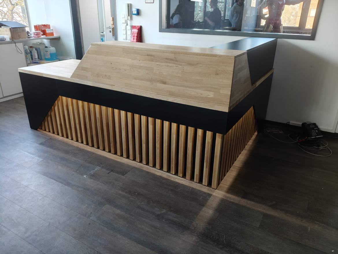 black and wood reception counter