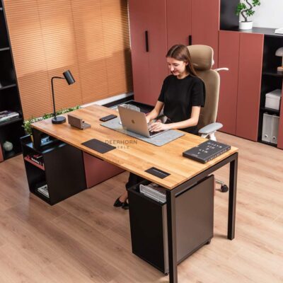 modern corporate office desk with wooden top