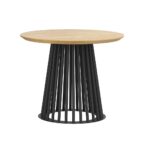 Round table with openwork metal base and wooden top