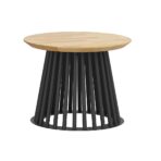 black openwork table with wooden top