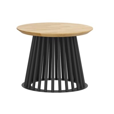 black openwork table with wooden top
