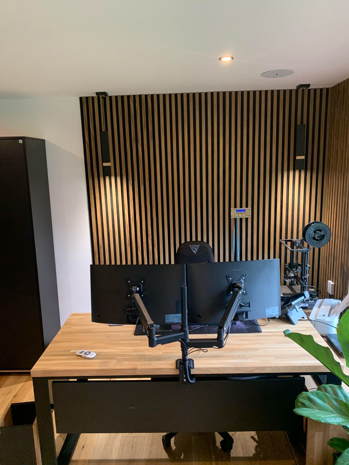 Home office with fins on the wall