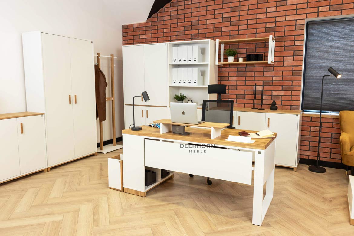 biurko białe z drewnianym blatem, nowoczesne