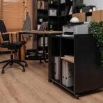 Desk for small office with compact printer cabinet