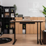 Electric desk with matching pedestal on wheels for office