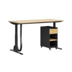 Electric desk with ergonomic height adjustment and memory with narrow pedestal on wheels