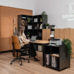 desk with printer cabinet and space for catalogs