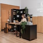 modular office furniture with file shelves and bins