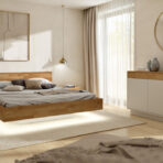 modern bedroom in premium style with wood elements and backlighting