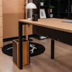 modern office desk with metal legs and imitation wood top