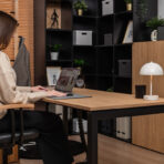 modern desk with imitation of natural wood for office