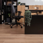 Work desk with side storage module in oak-black colors
