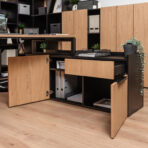 corner desk with container for organization of cables, documents and accessories