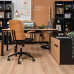 corner desk made of furniture board with a pedestal