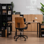 Office desk with pedestal on wheels for laptop and document work