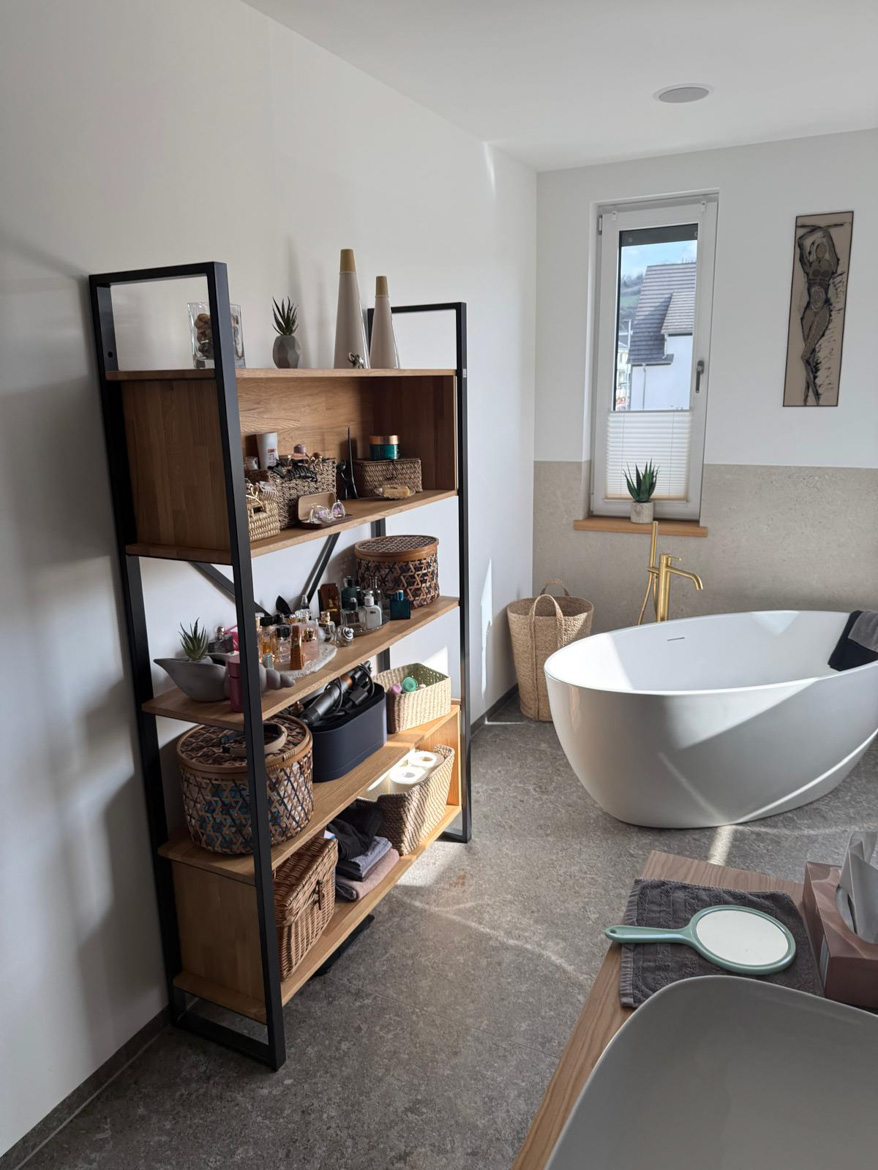 Deerhorn bookcase as part of bathroom design for Ms. Natalia in Gdansk, Poland