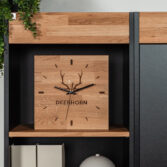 wooden clock with the company logo