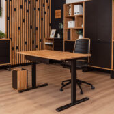 Height-adjustable office desk with a wooden top and a black steel base