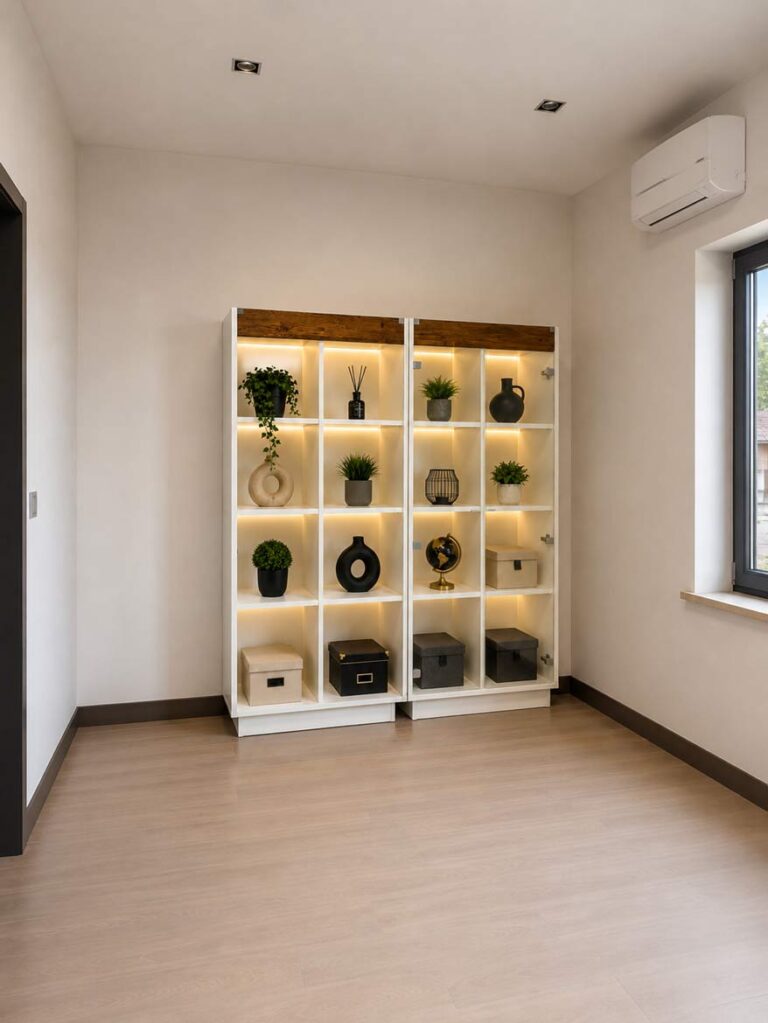 A bookshelf with LED lighting and a display cabinet for the living room for Ms. Agata from Warsaw